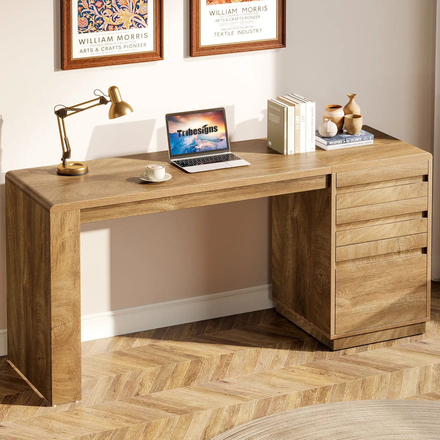 55" Computer Desk, Farmhouse Executive Desk with 3 Drawers Storage Cabinet