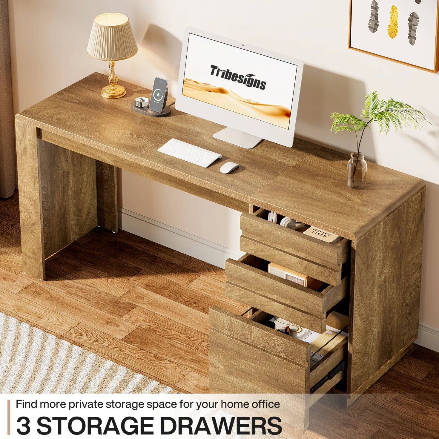 55" Computer Desk, Farmhouse Executive Desk with 3 Drawers Storage Cabinet