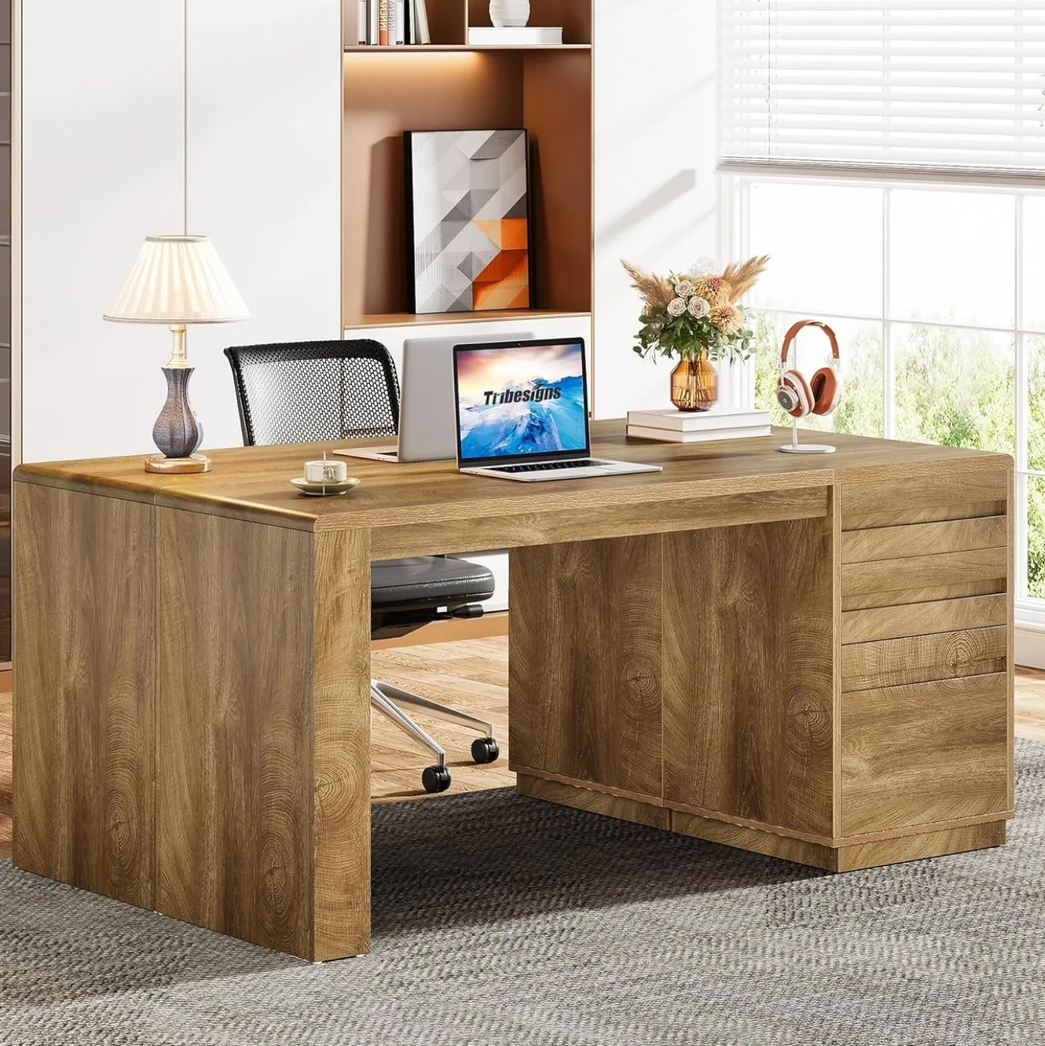 55" Computer Desk, Farmhouse Executive Desk with 3 Drawers Storage Cabinet