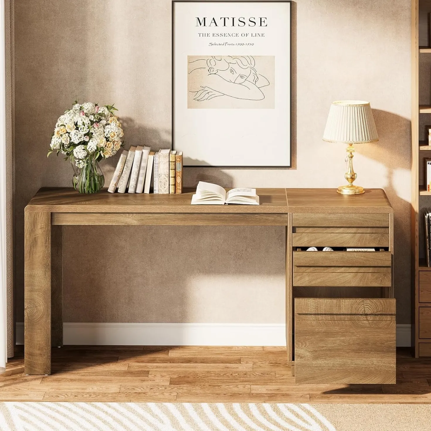 55" Computer Desk, Farmhouse Executive Desk with 3 Drawers Storage Cabinet