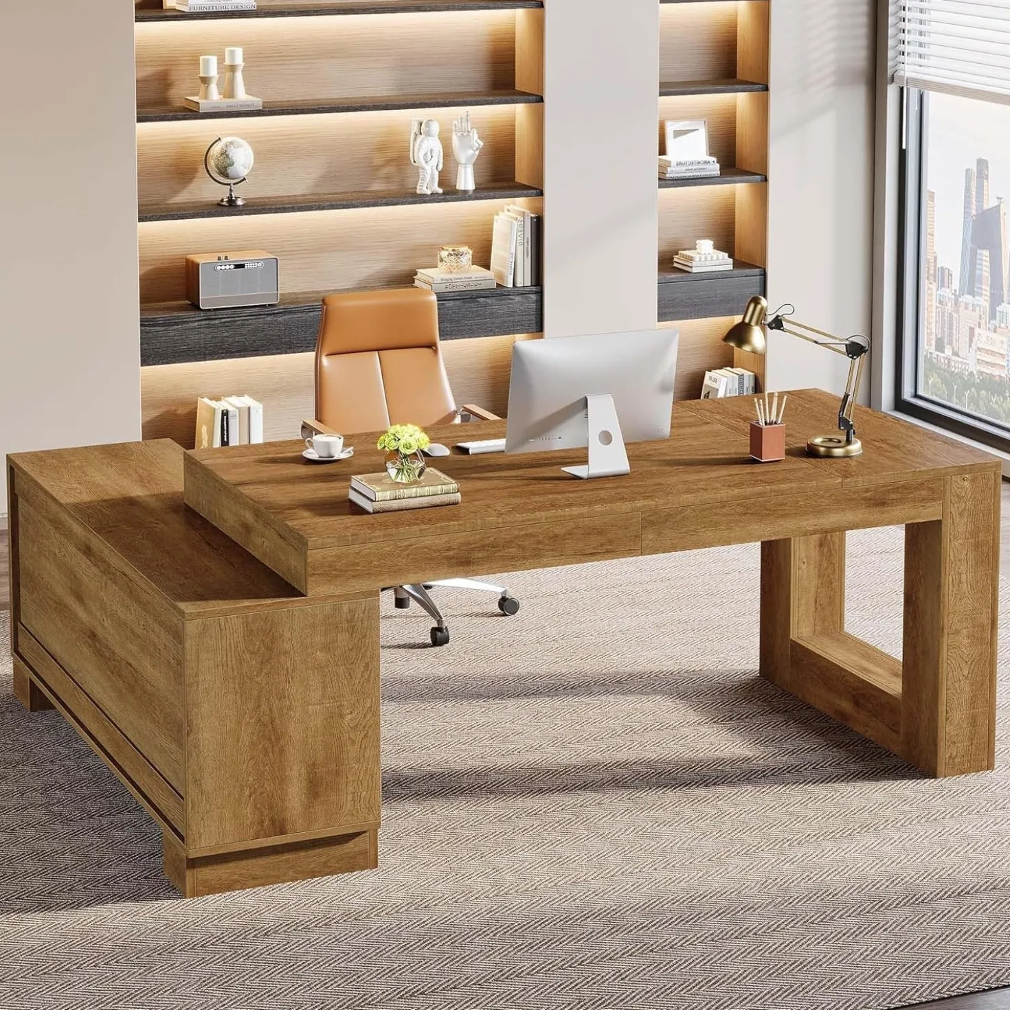 63" Computer Desk, L-shaped Executive Desk with Storage Cabinets