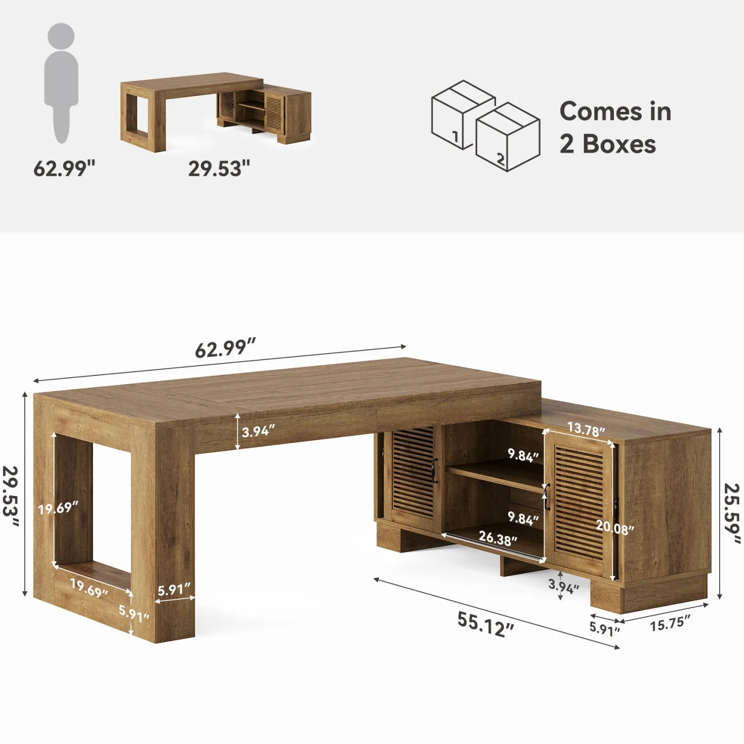 63" Computer Desk, L-shaped Executive Desk with Storage Cabinets