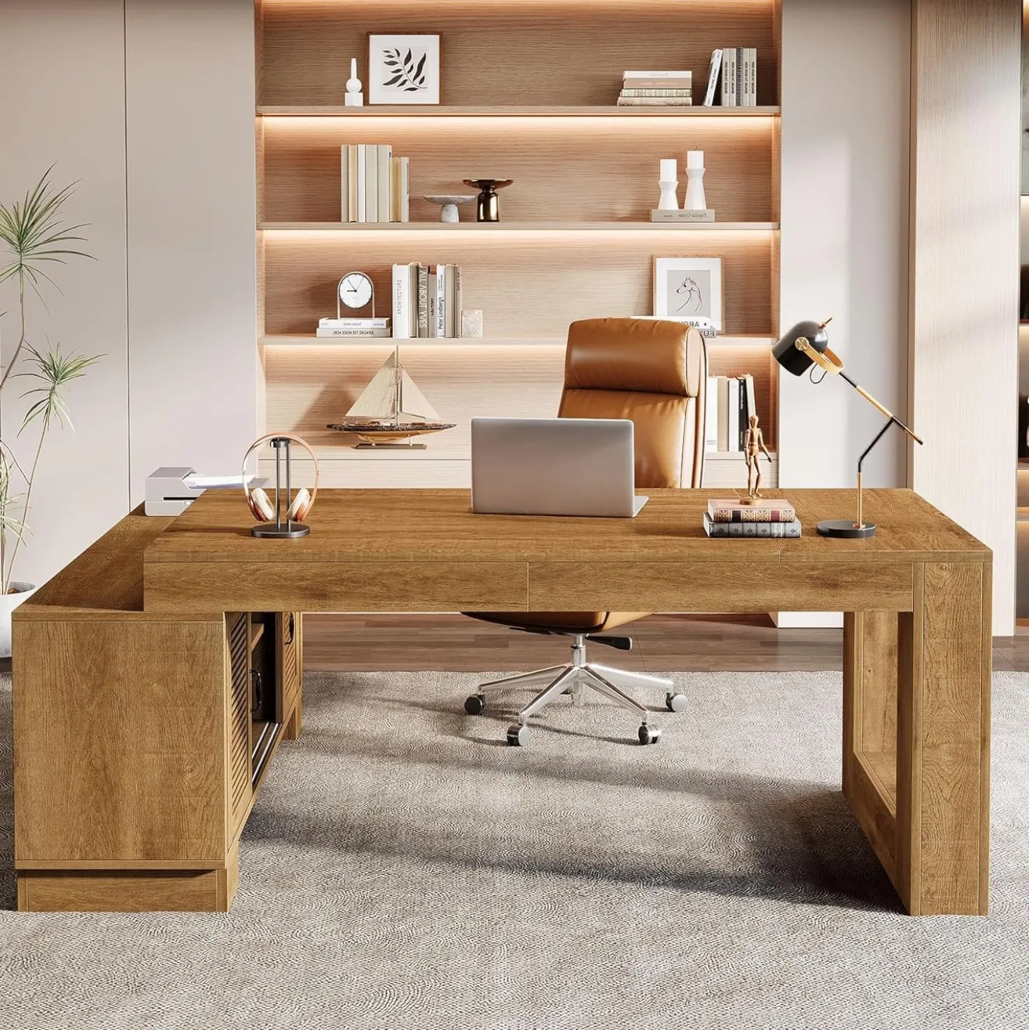 63" Computer Desk, L-shaped Executive Desk with Storage Cabinets
