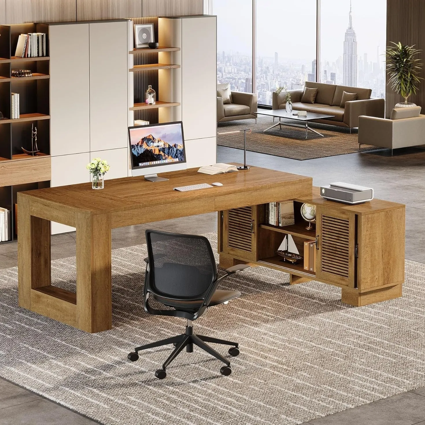 63" Computer Desk, L-shaped Executive Desk with Storage Cabinets