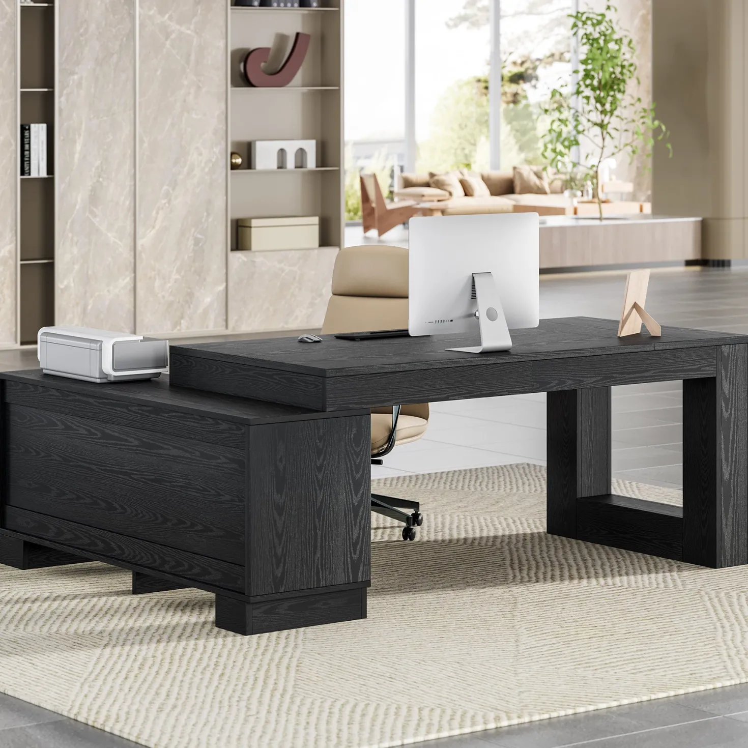 63" Computer Desk, L-shaped Executive Desk with Storage Cabinets