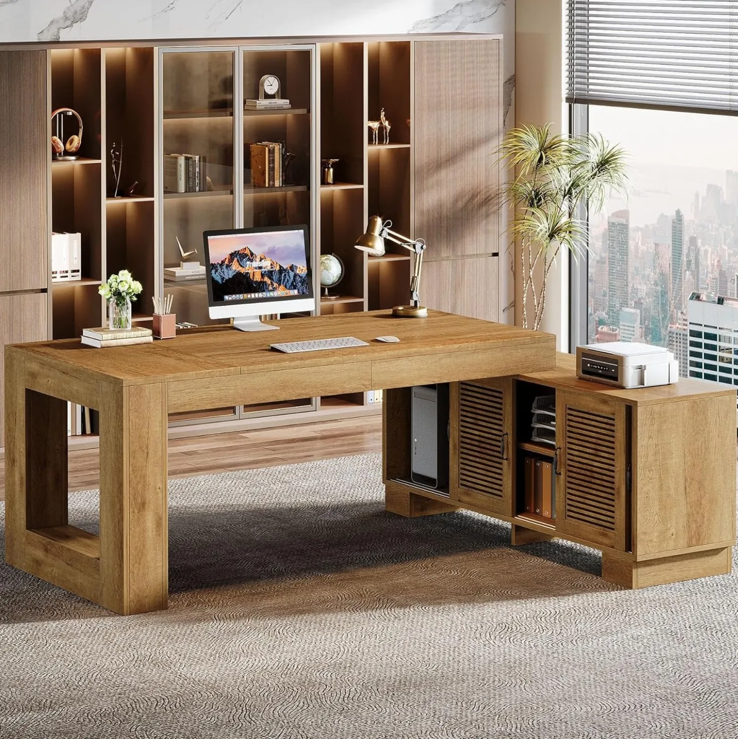 63" Computer Desk, L-shaped Executive Desk with Storage Cabinets