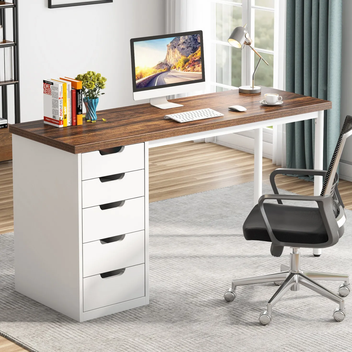 47" Computer Desk with 5 Drawers, Compact Storage Home Office Desk