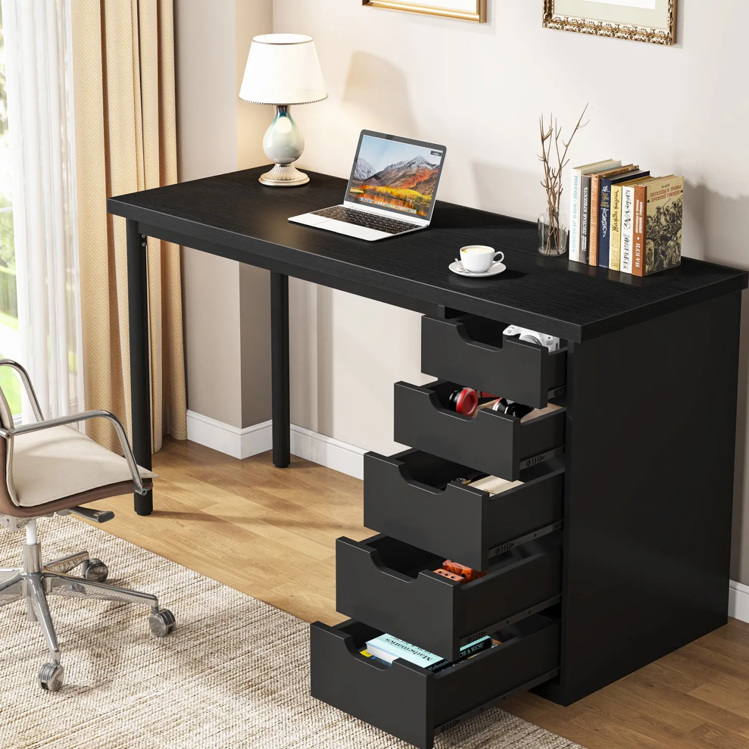 47" Computer Desk with 5 Drawers, Compact Storage Home Office Desk