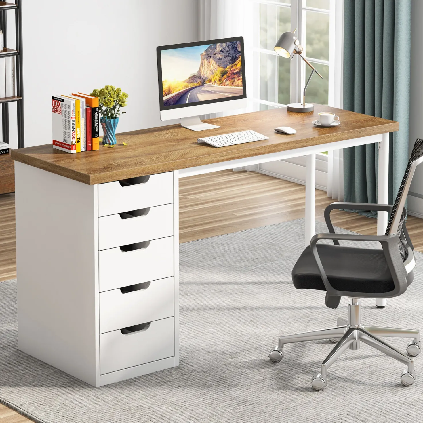 47" Computer Desk with 5 Drawers, Compact Storage Home Office Desk
