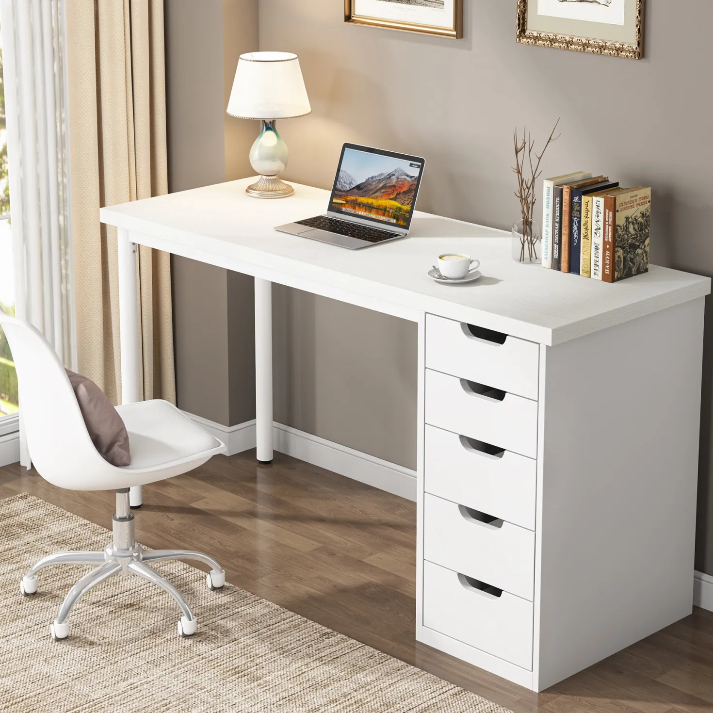 47" Computer Desk with 5 Drawers, Compact Storage Home Office Desk