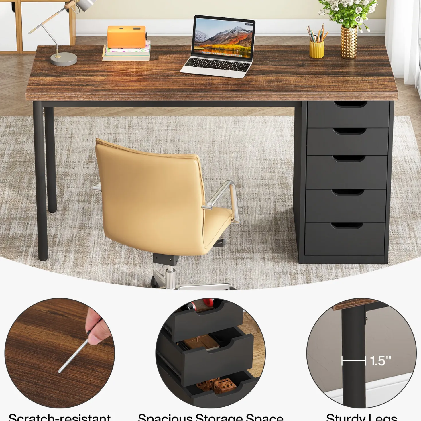 47" Computer Desk with 5 Drawers, Compact Storage Home Office Desk