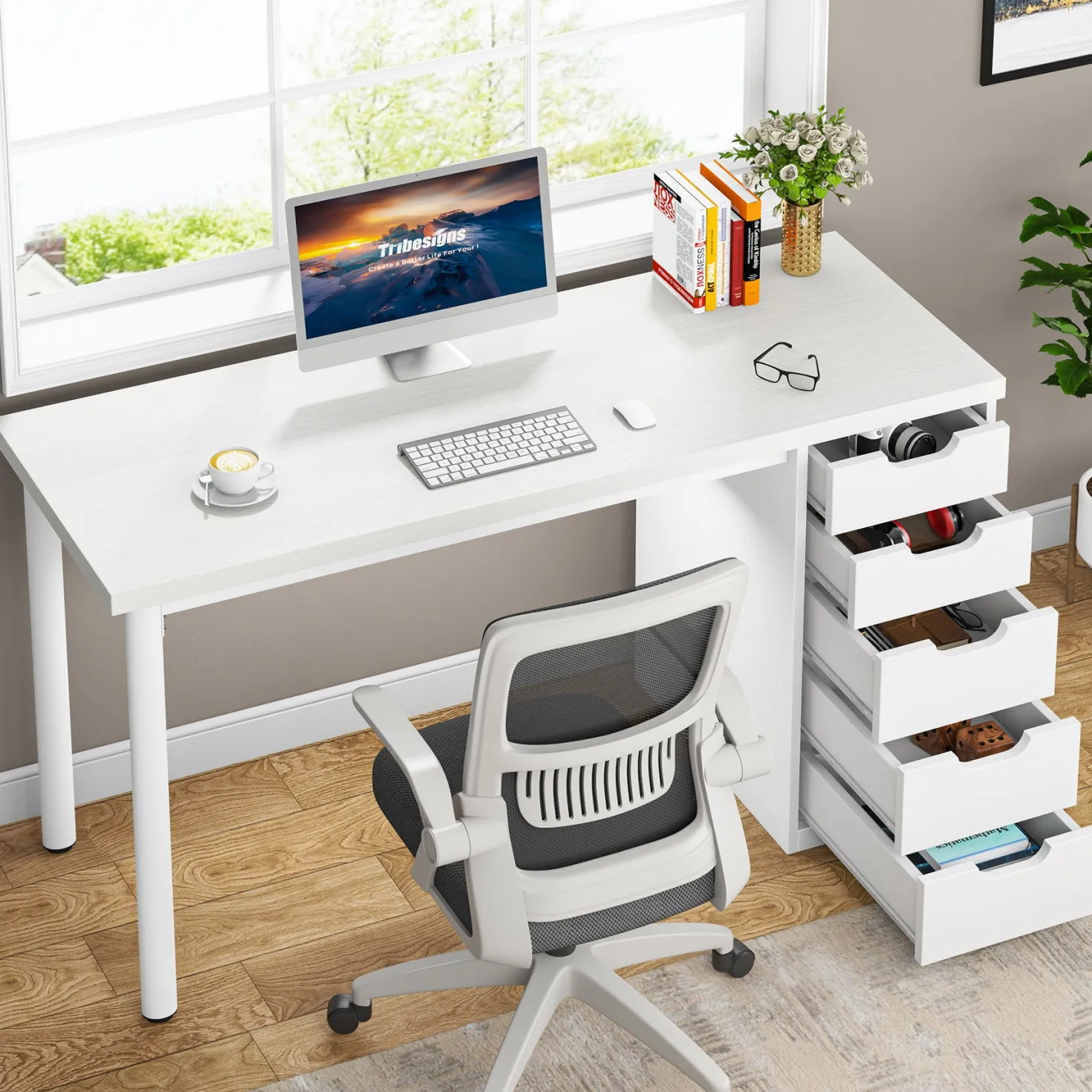 47" Computer Desk with 5 Drawers, Compact Storage Home Office Desk