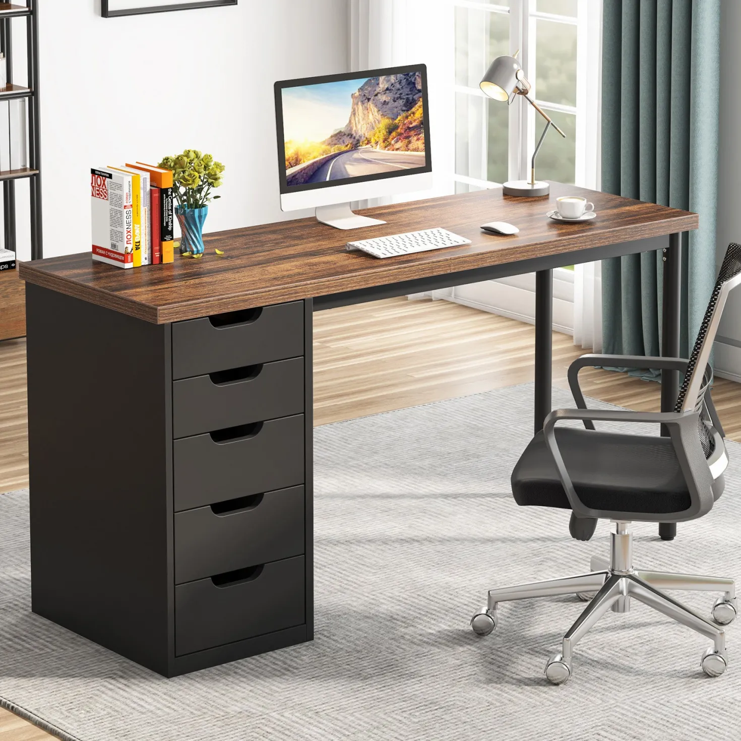 47" Computer Desk with 5 Drawers, Compact Storage Home Office Desk