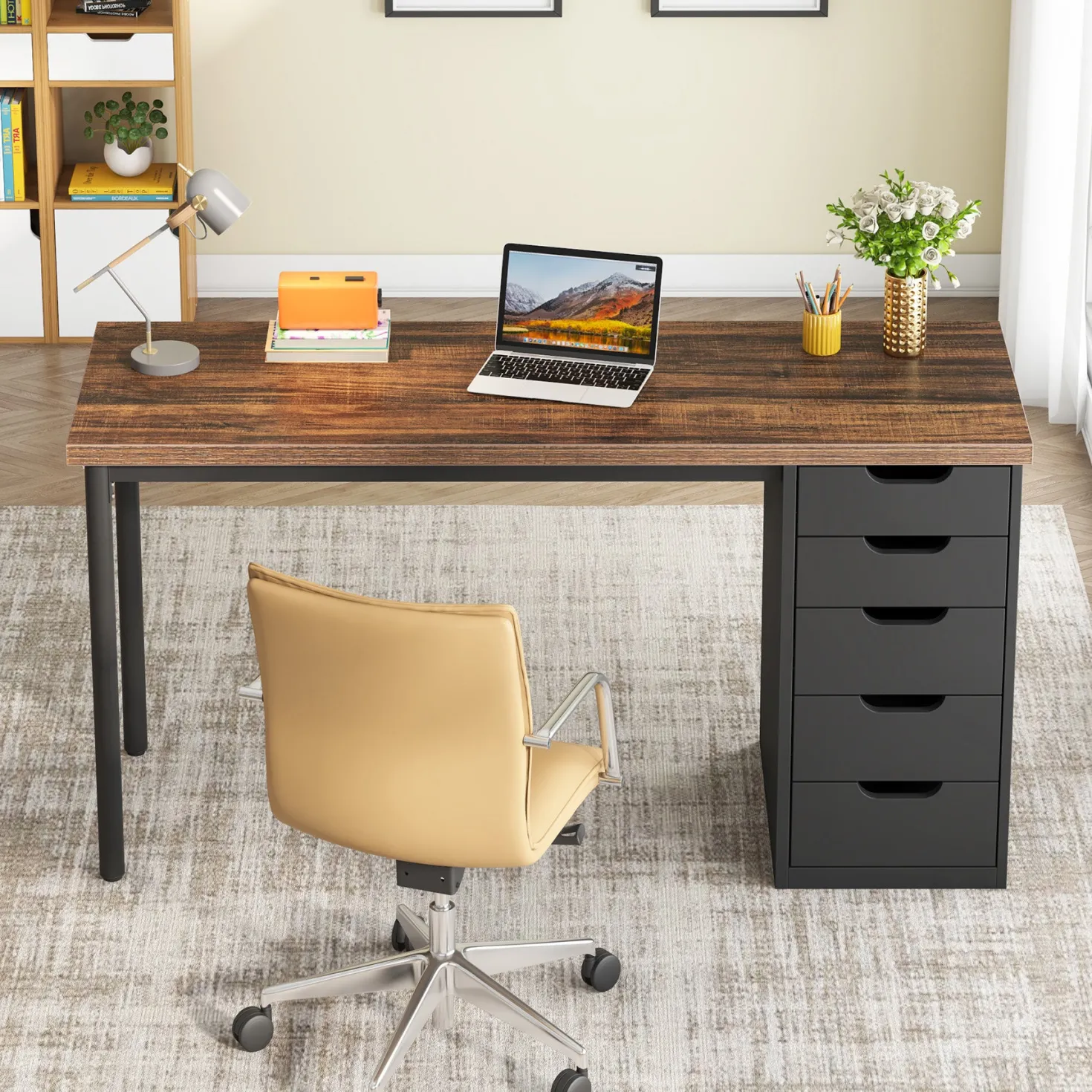 47" Computer Desk with 5 Drawers, Compact Storage Home Office Desk