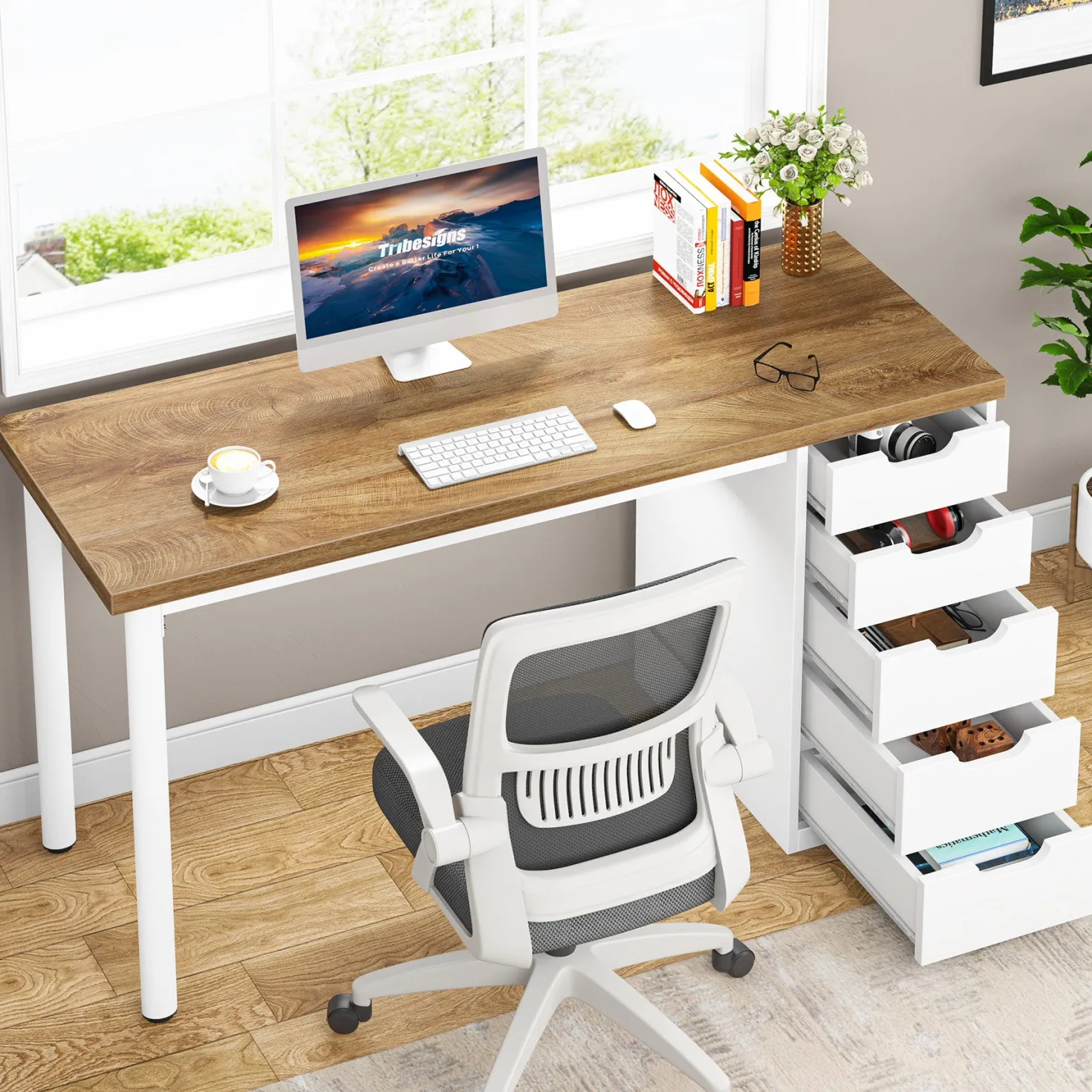 47" Computer Desk with 5 Drawers, Compact Storage Home Office Desk