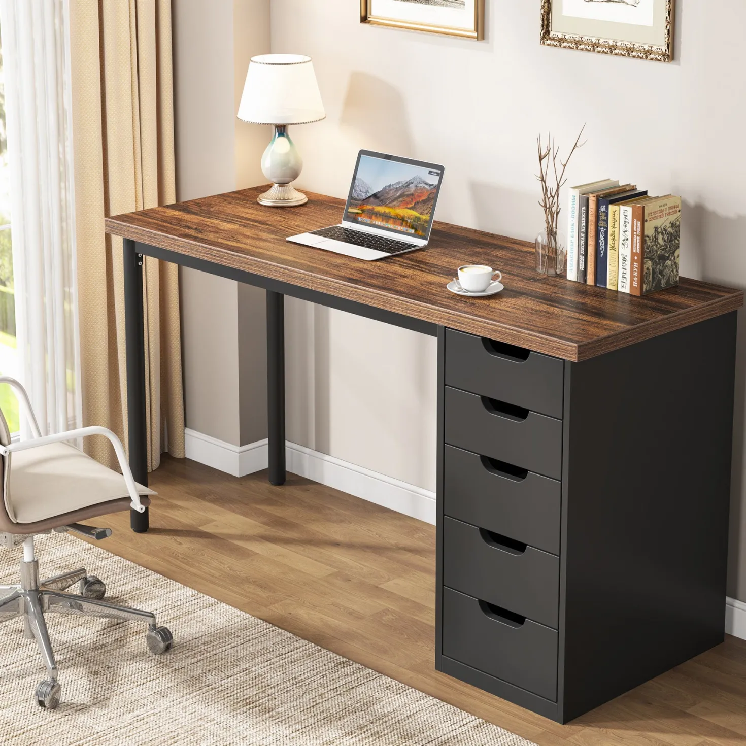 47" Computer Desk with 5 Drawers, Compact Storage Home Office Desk
