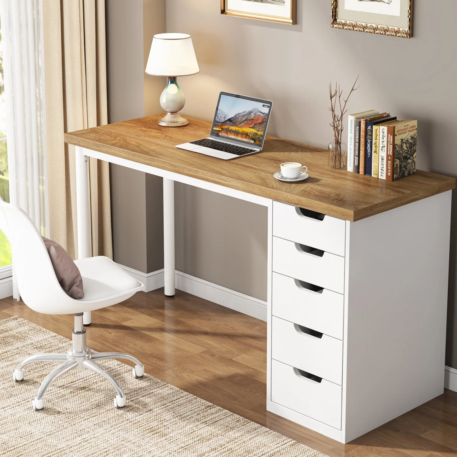 47" Computer Desk with 5 Drawers, Compact Storage Home Office Desk