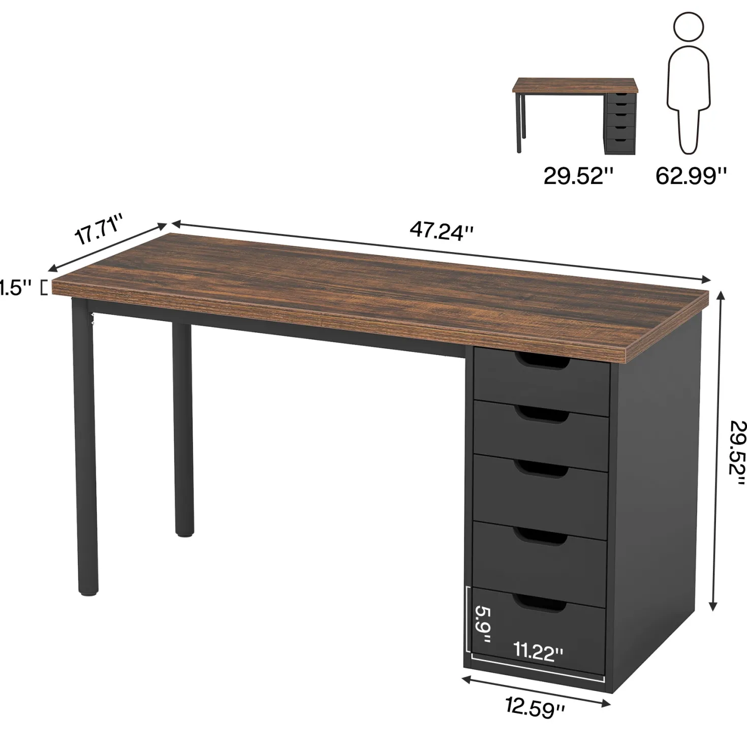 47" Computer Desk with 5 Drawers, Compact Storage Home Office Desk