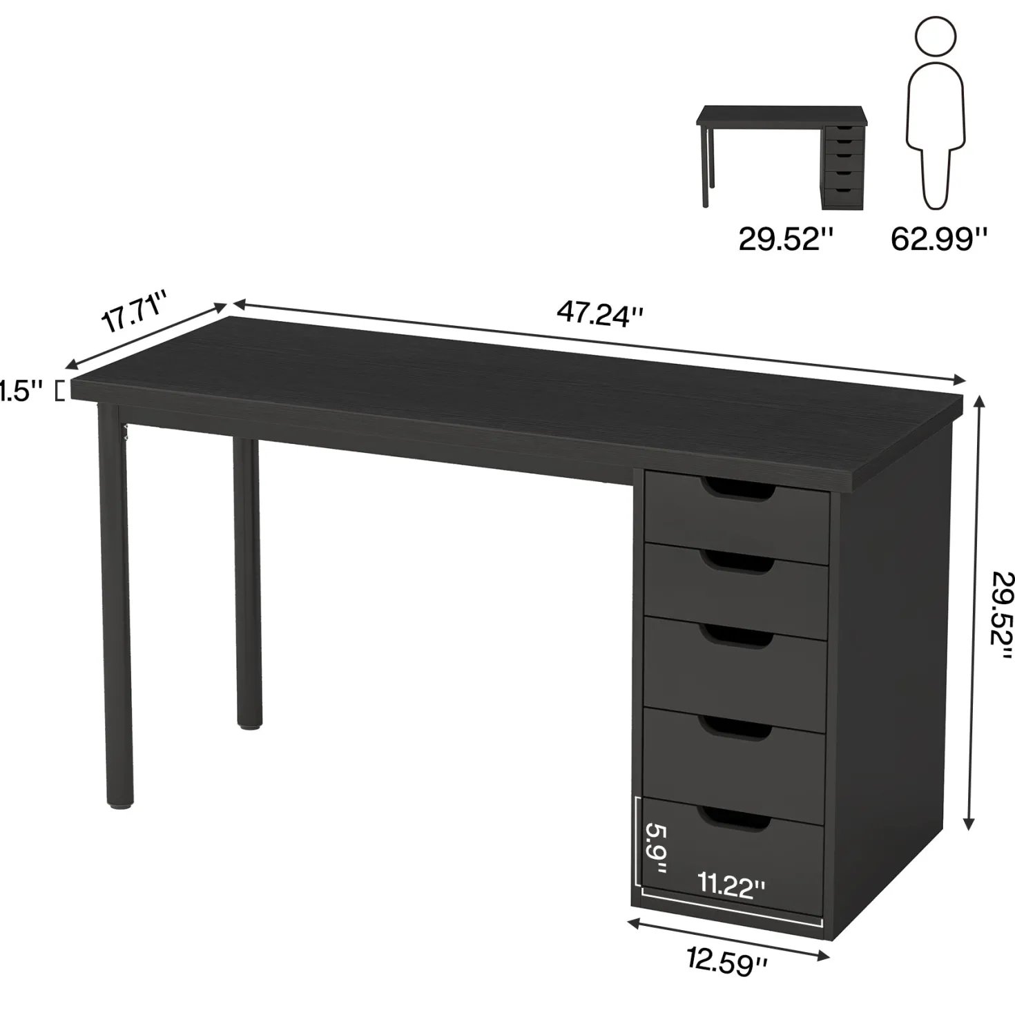 47" Computer Desk with 5 Drawers, Compact Storage Home Office Desk