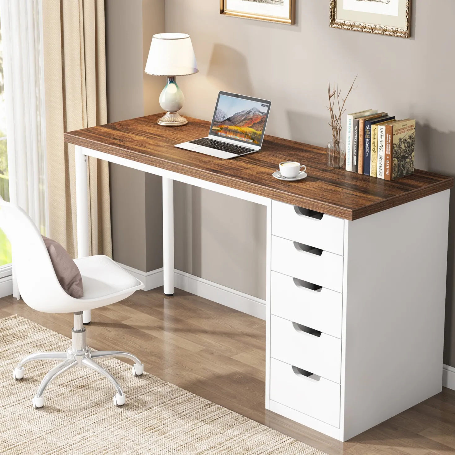 47" Computer Desk with 5 Drawers, Compact Storage Home Office Desk