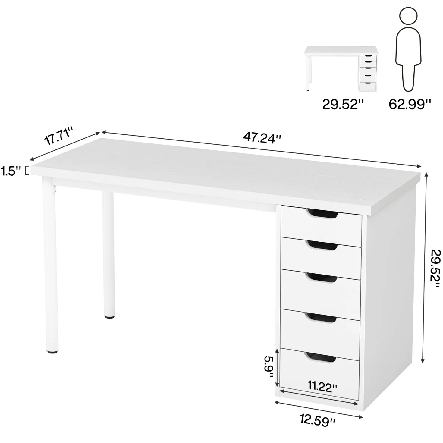47" Computer Desk with 5 Drawers, Compact Storage Home Office Desk