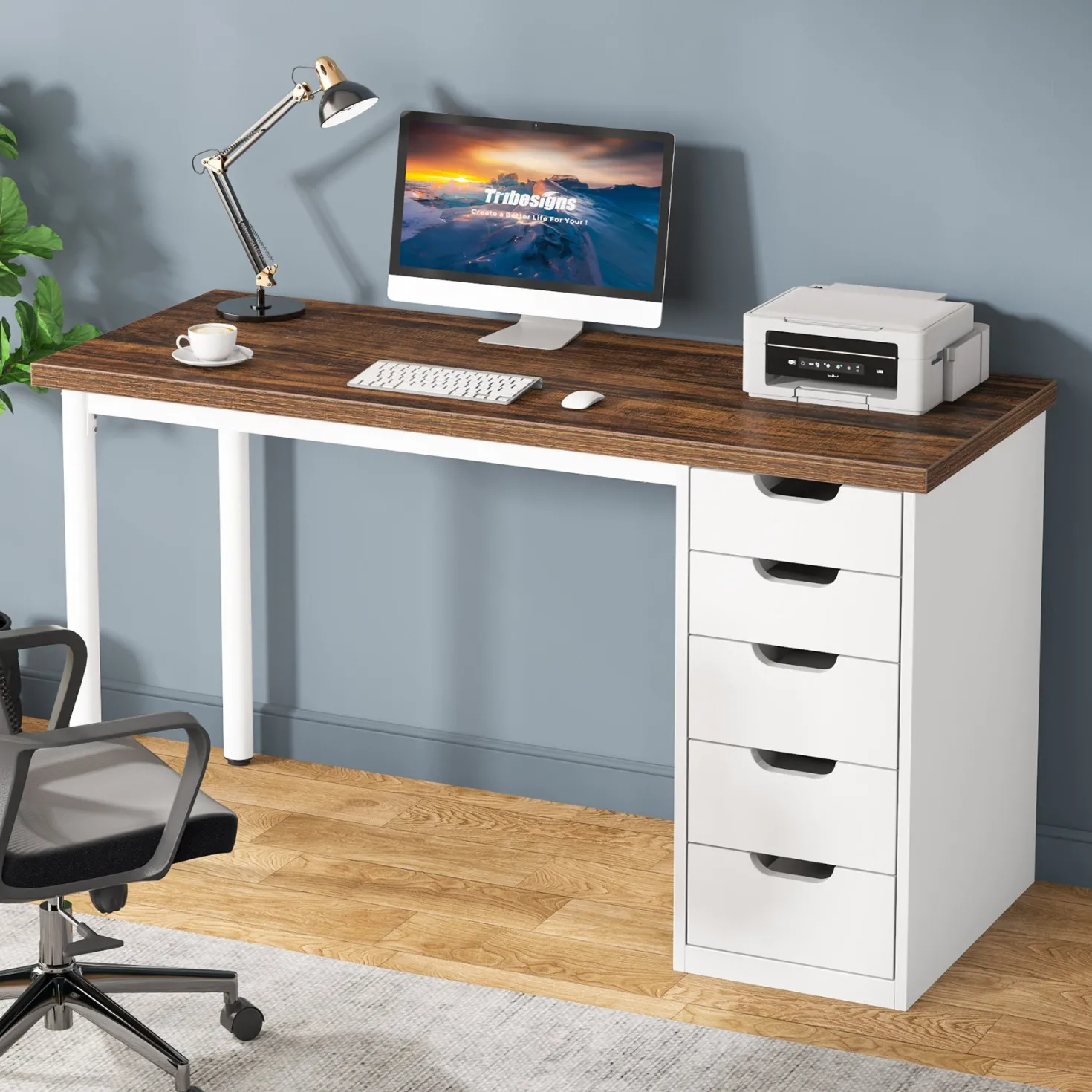 47" Computer Desk with 5 Drawers, Modern Study Table Writing Desk