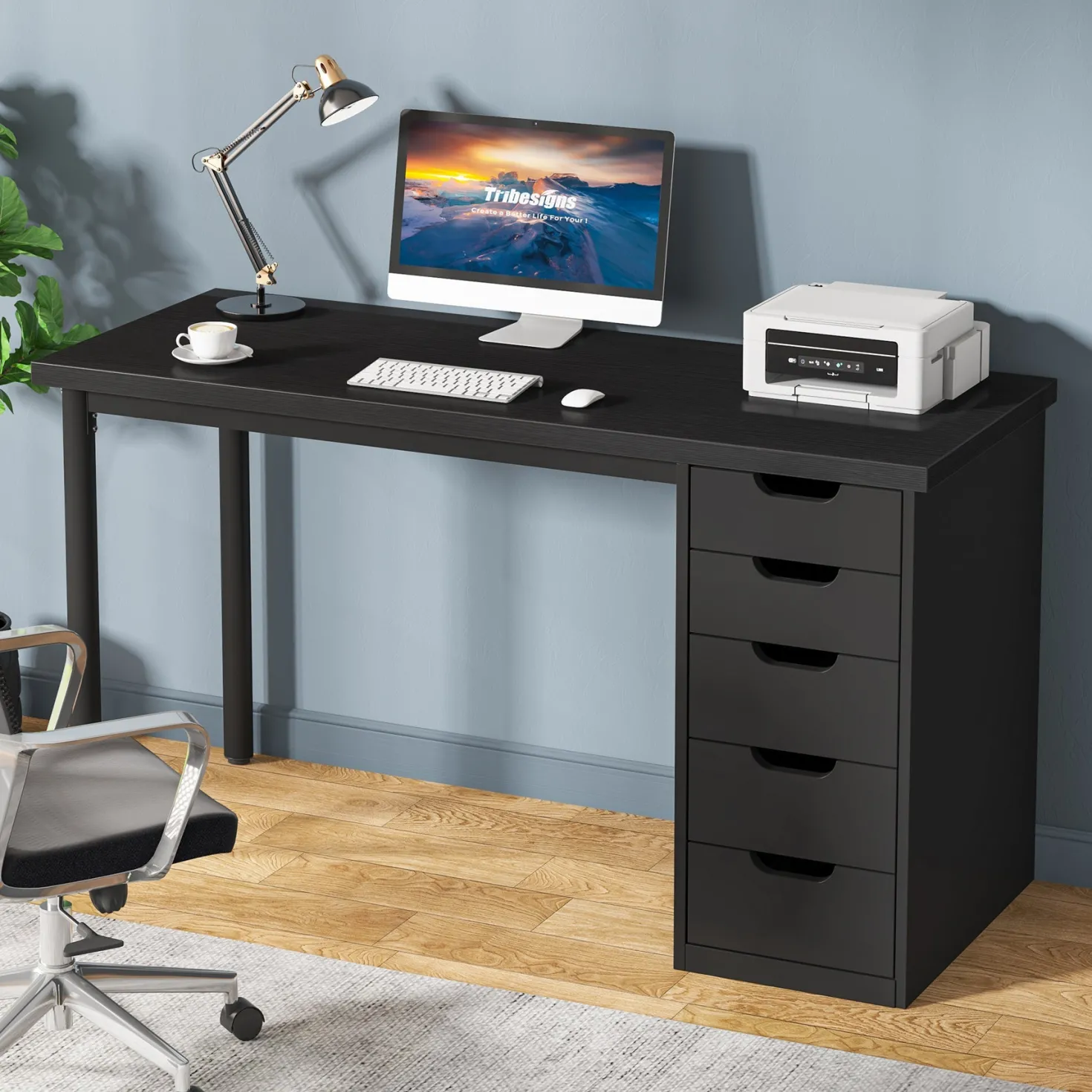 47" Computer Desk with 5 Drawers, Modern Study Table Writing Desk