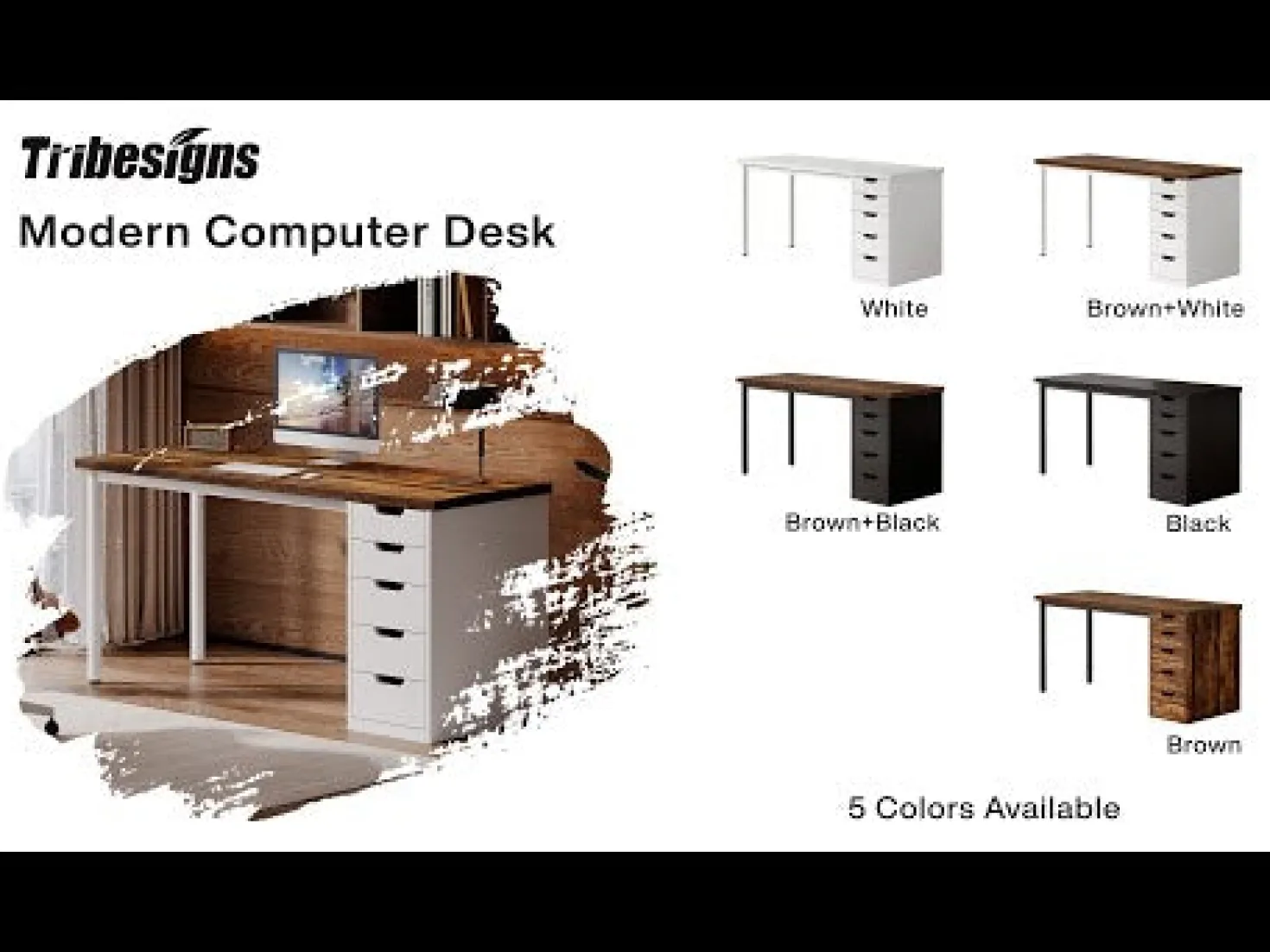 47" Computer Desk with 5 Drawers, Modern Study Table Writing Desk