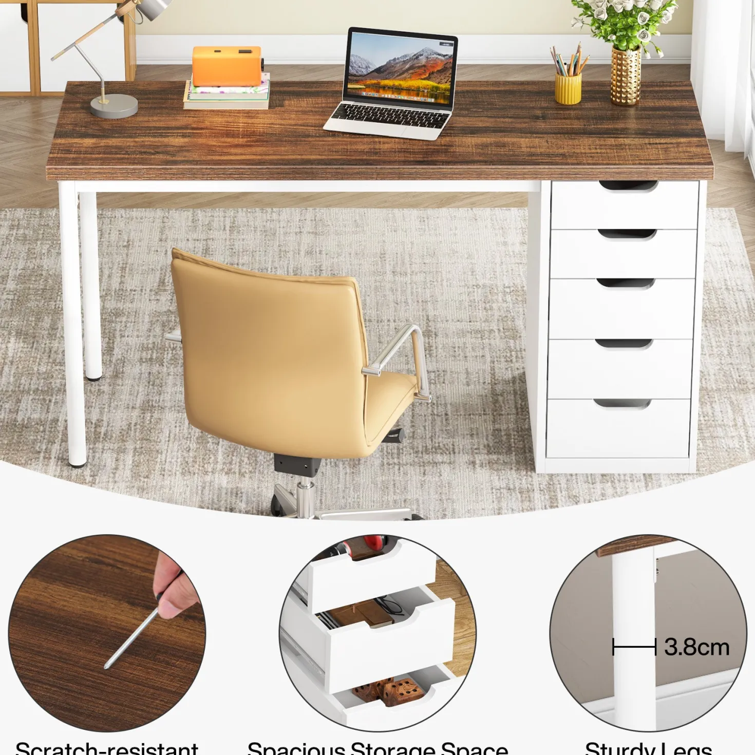 47" Computer Desk with 5 Drawers, Modern Study Table Writing Desk