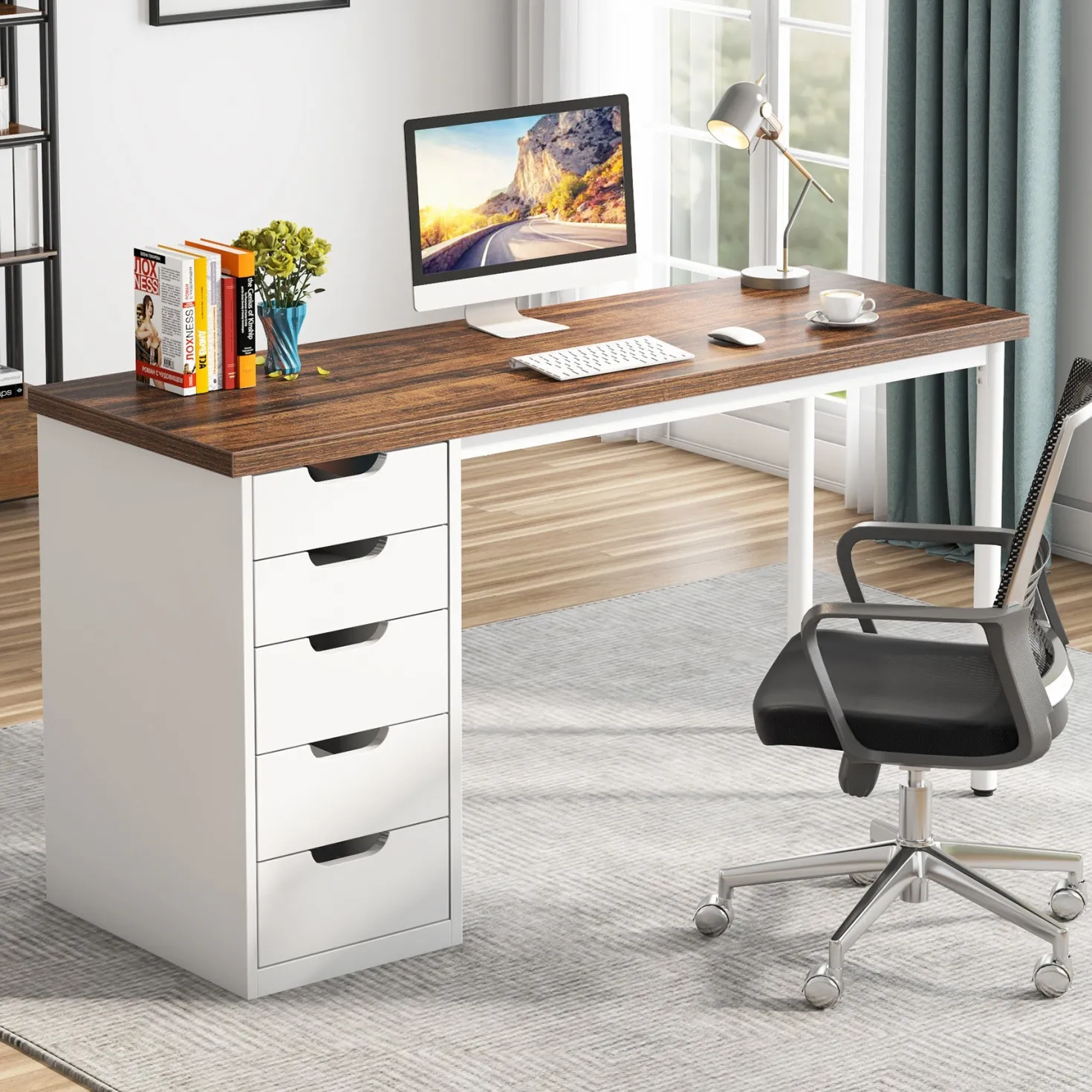 47" Computer Desk with 5 Drawers, Modern Study Table Writing Desk