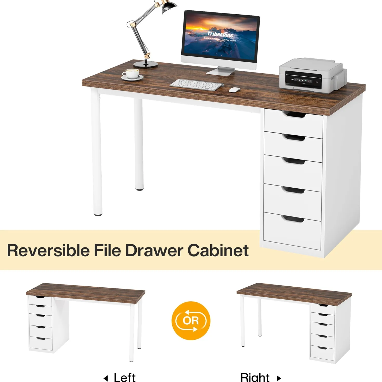 47" Computer Desk with 5 Drawers, Modern Study Table Writing Desk