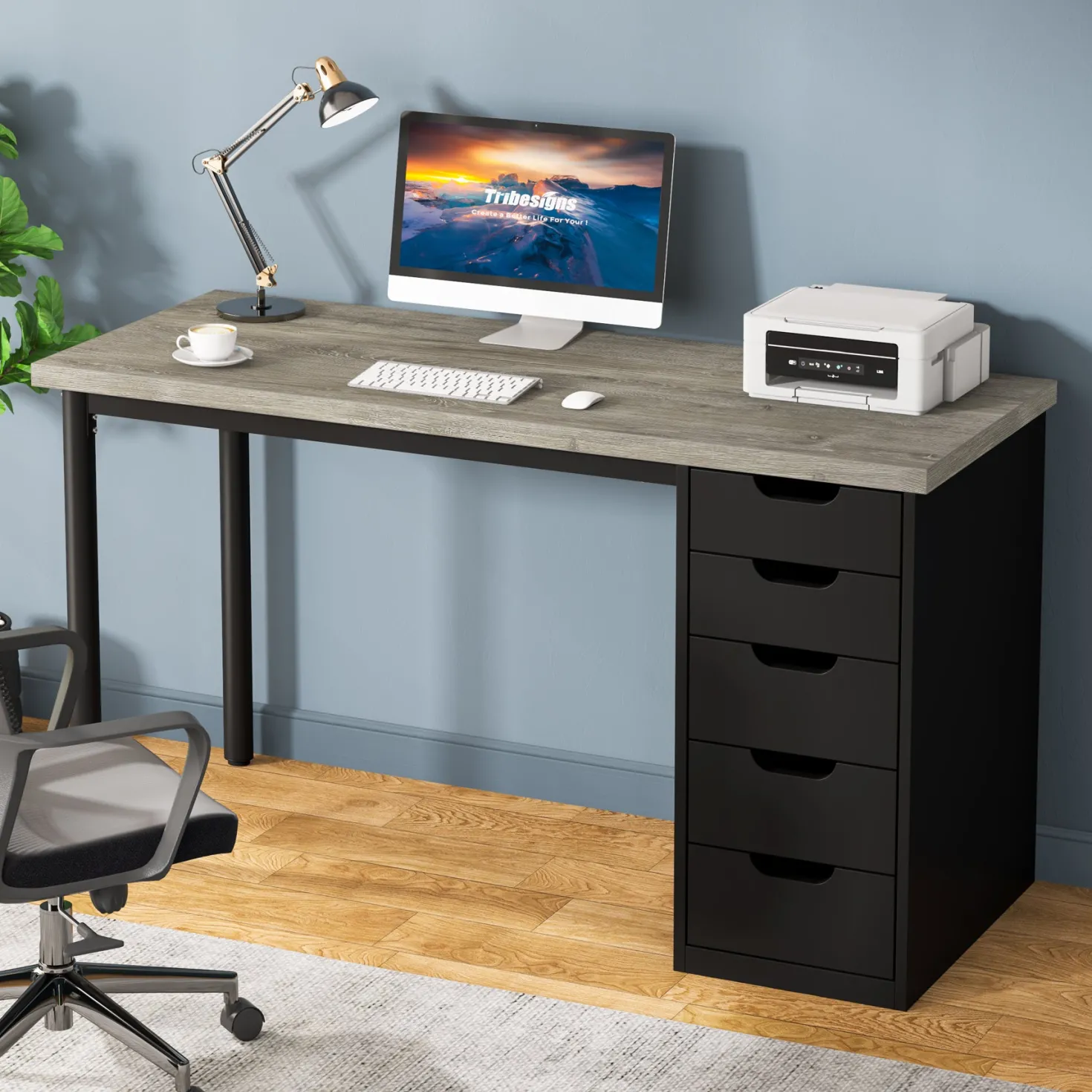 47" Computer Desk with 5 Drawers, Modern Study Table Writing Desk