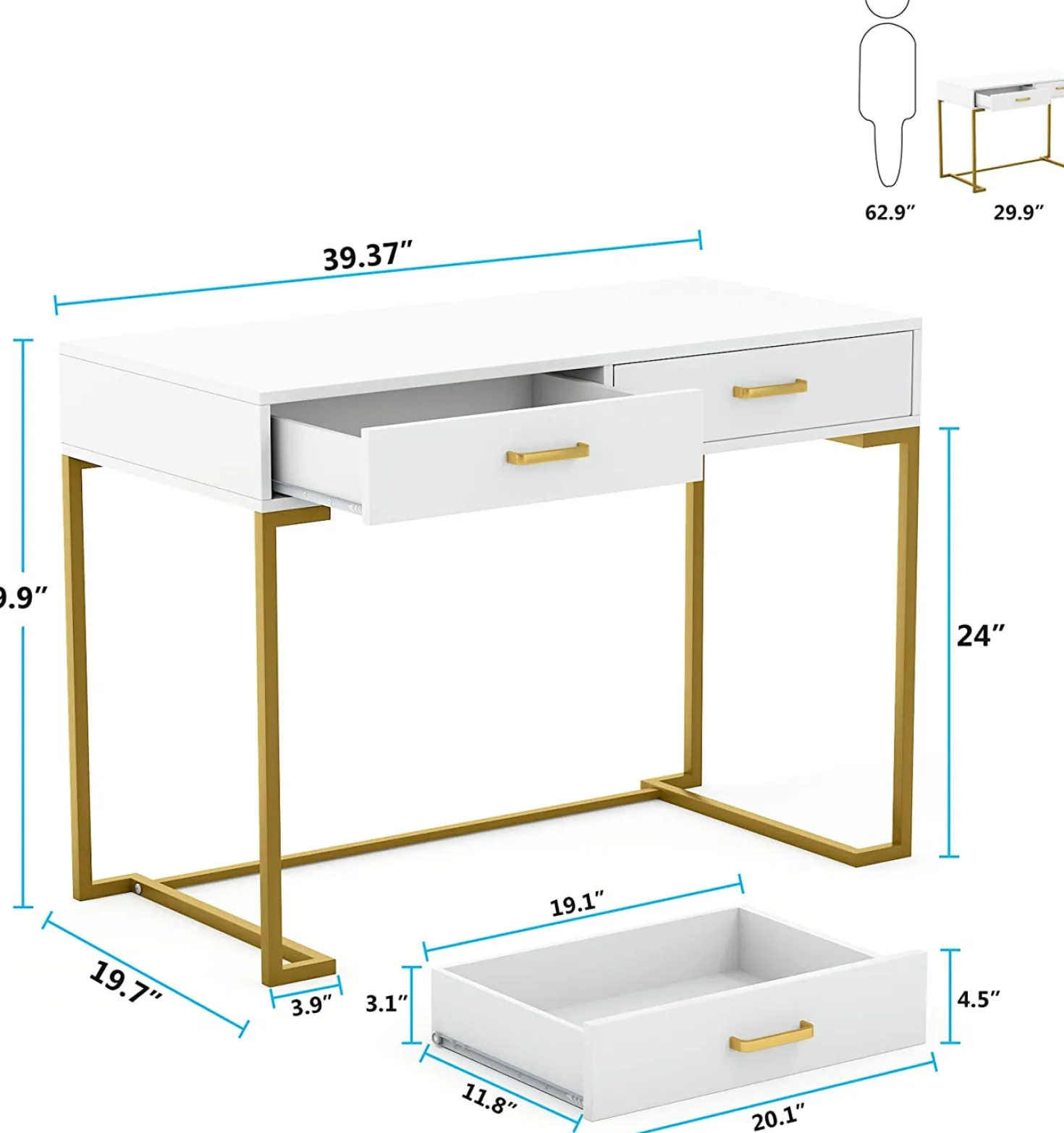 39" Computer Desk with Drawers, Modern Writing Desk Study Desk