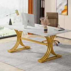 63" Computer Desk with Faux Marble Surface and Gold Metal Base, Modern Executive Desk