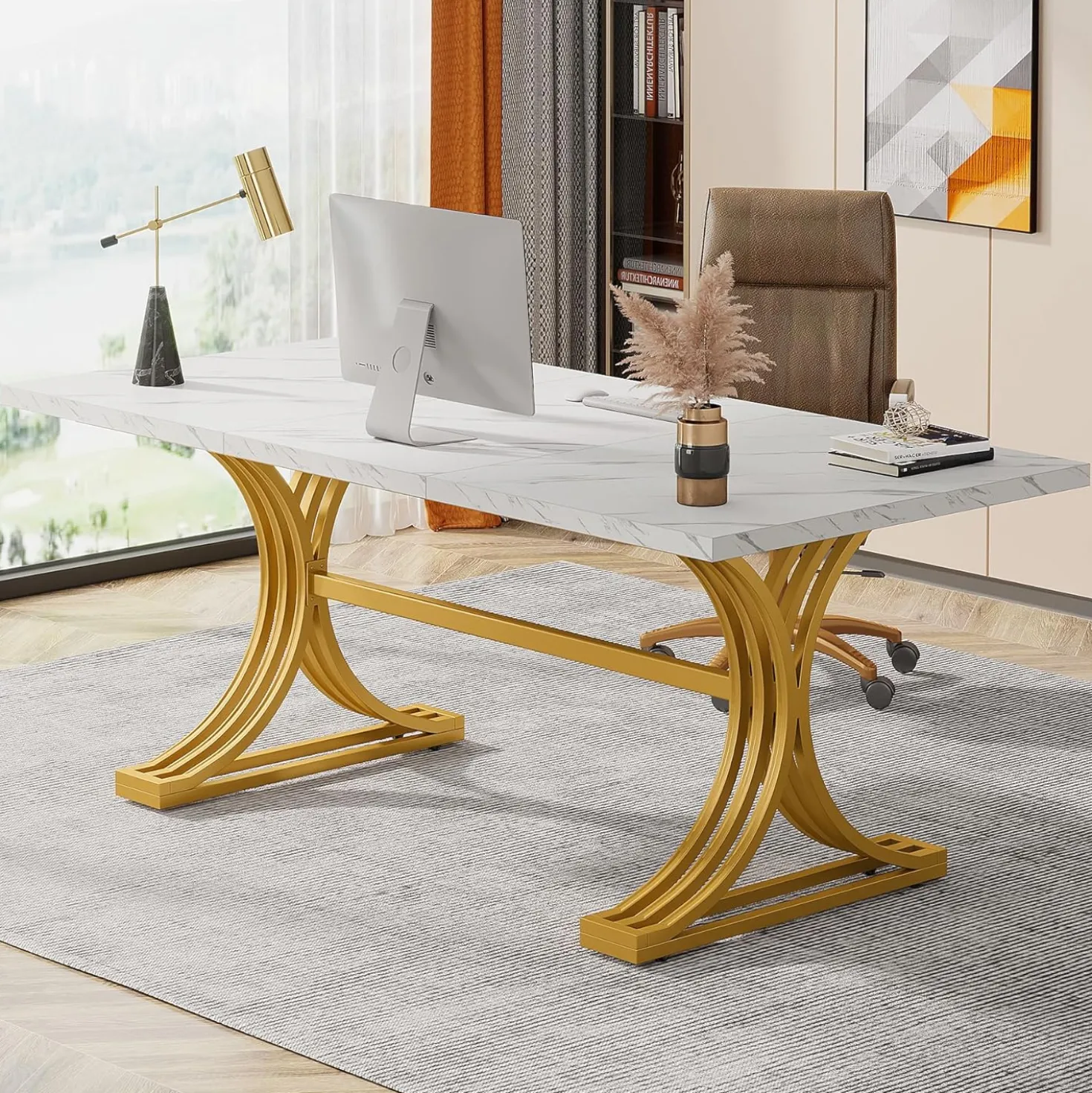 63" Computer Desk with Faux Marble Surface and Gold Metal Base, Modern Executive Desk