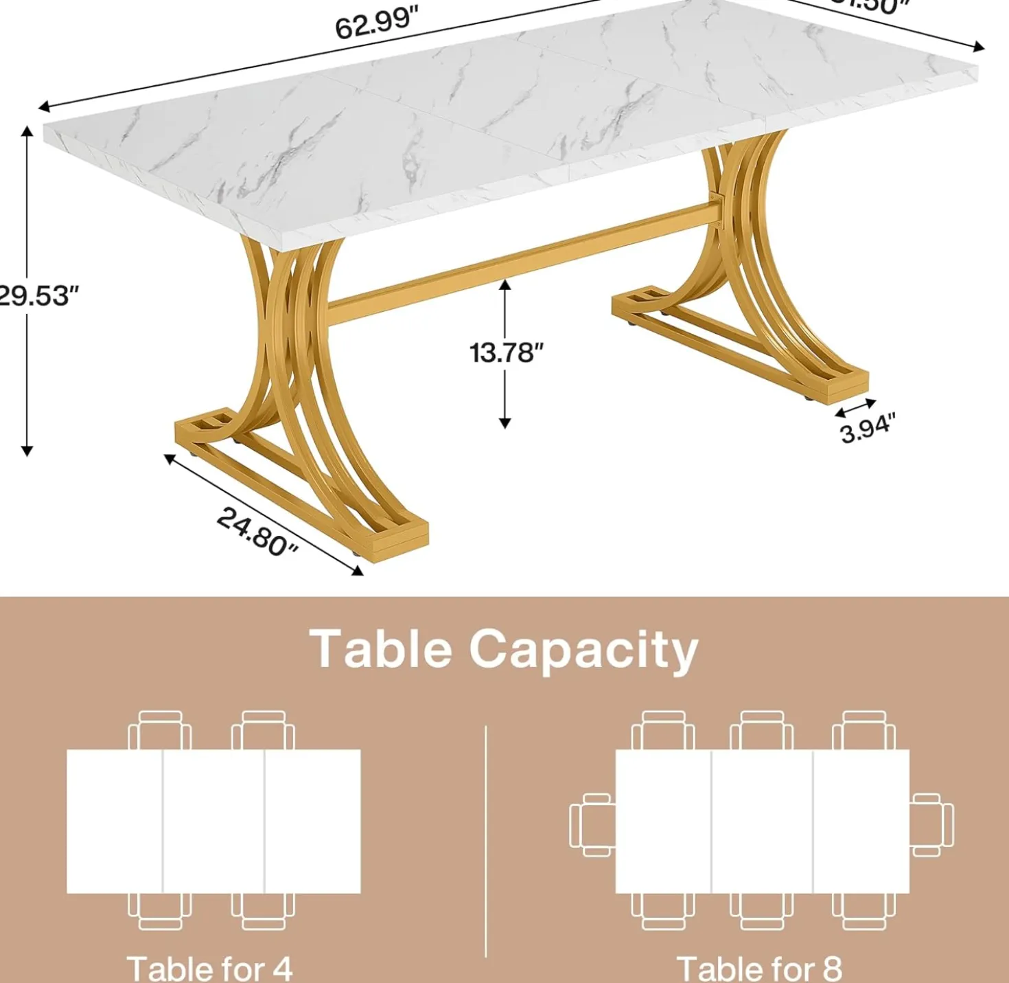 63" Computer Desk with Faux Marble Surface and Gold Metal Base, Modern Executive Desk