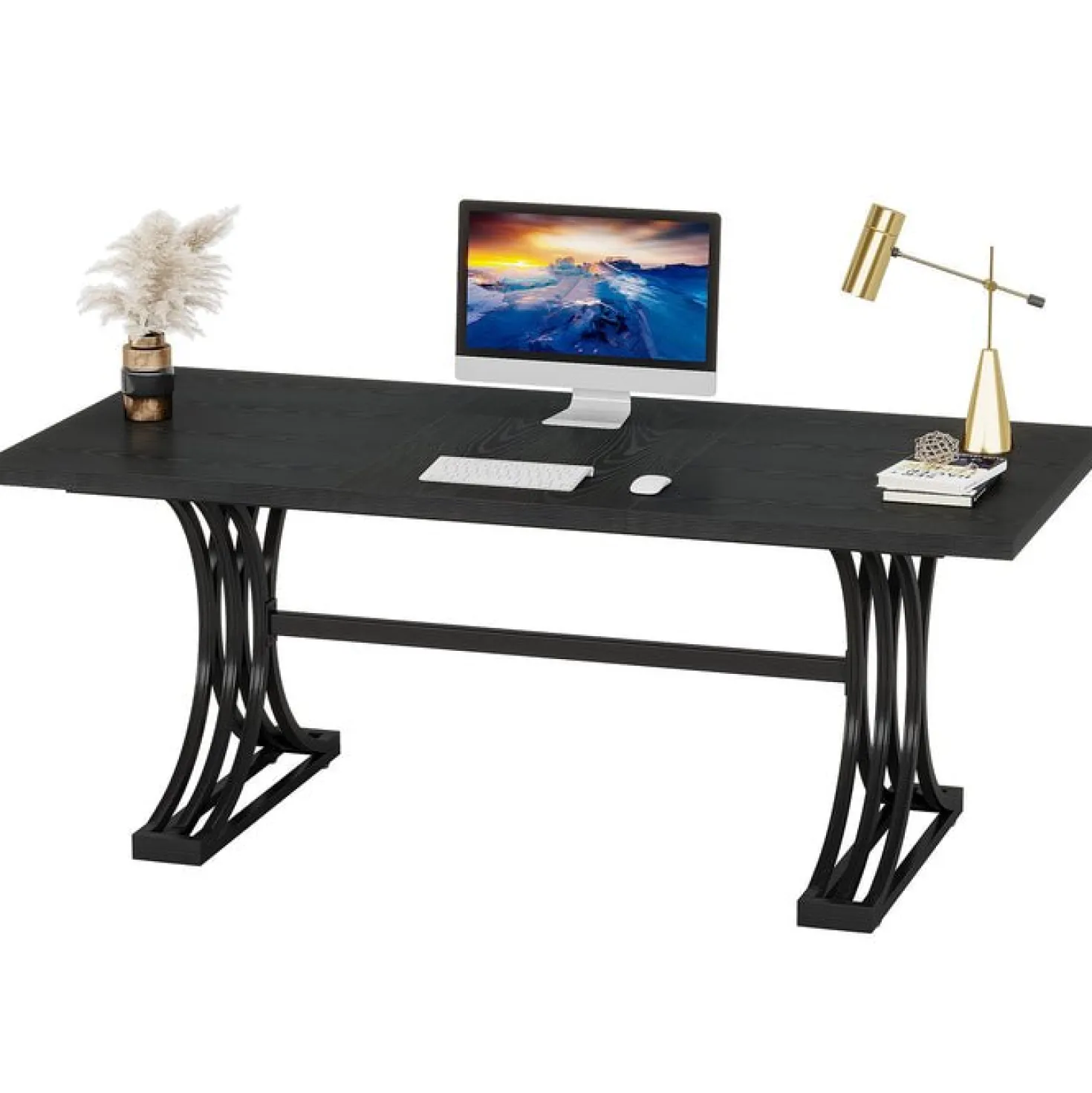 63" Computer Desk with Faux Marble Surface and Gold Metal Base, Modern Executive Desk