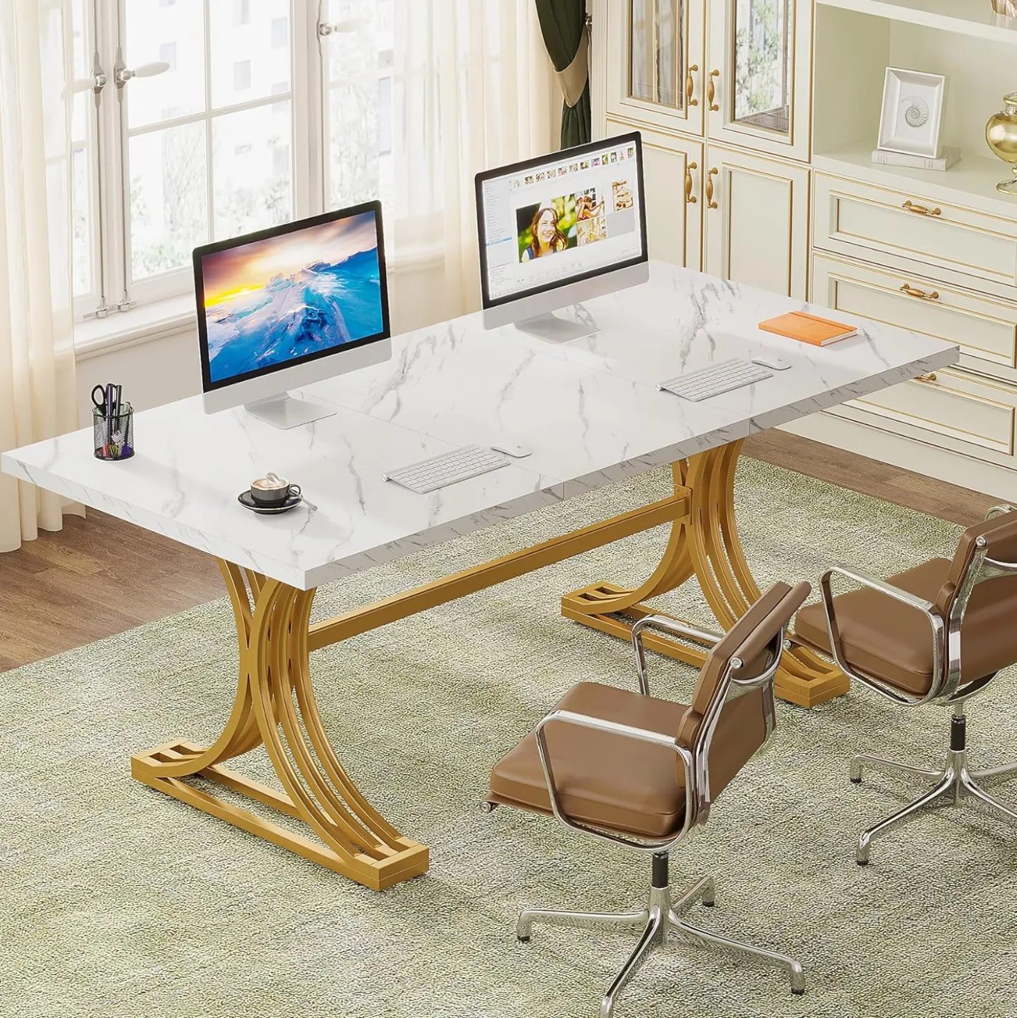 63" Computer Desk with Faux Marble Surface and Gold Metal Base, Modern Executive Desk