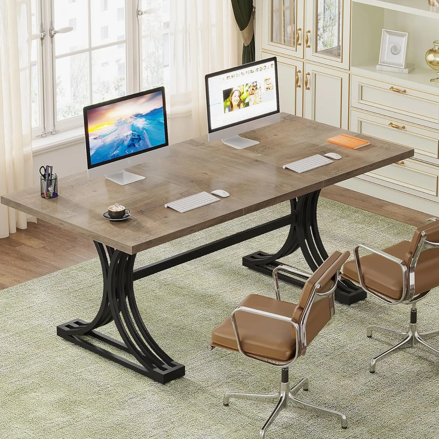 63" Computer Desk with Faux Marble Surface and Gold Metal Base, Modern Executive Desk