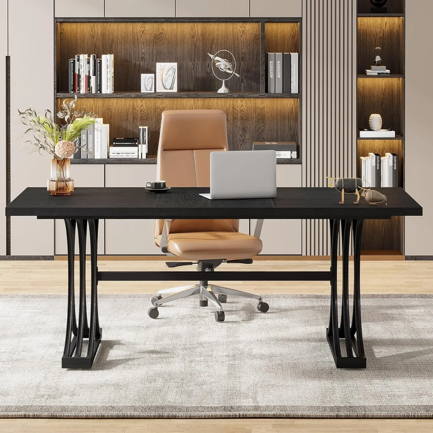 63" Computer Desk with Faux Marble Surface and Gold Metal Base, Modern Executive Desk