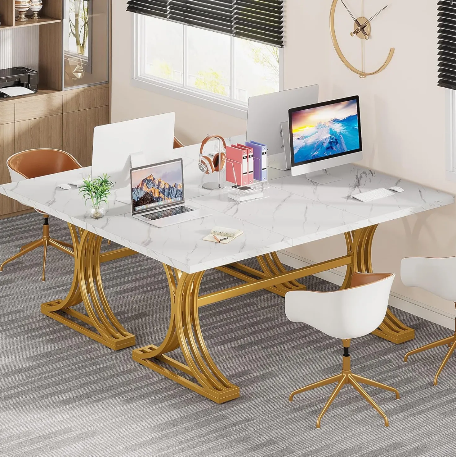63" Computer Desk with Faux Marble Surface and Gold Metal Base, Modern Executive Desk