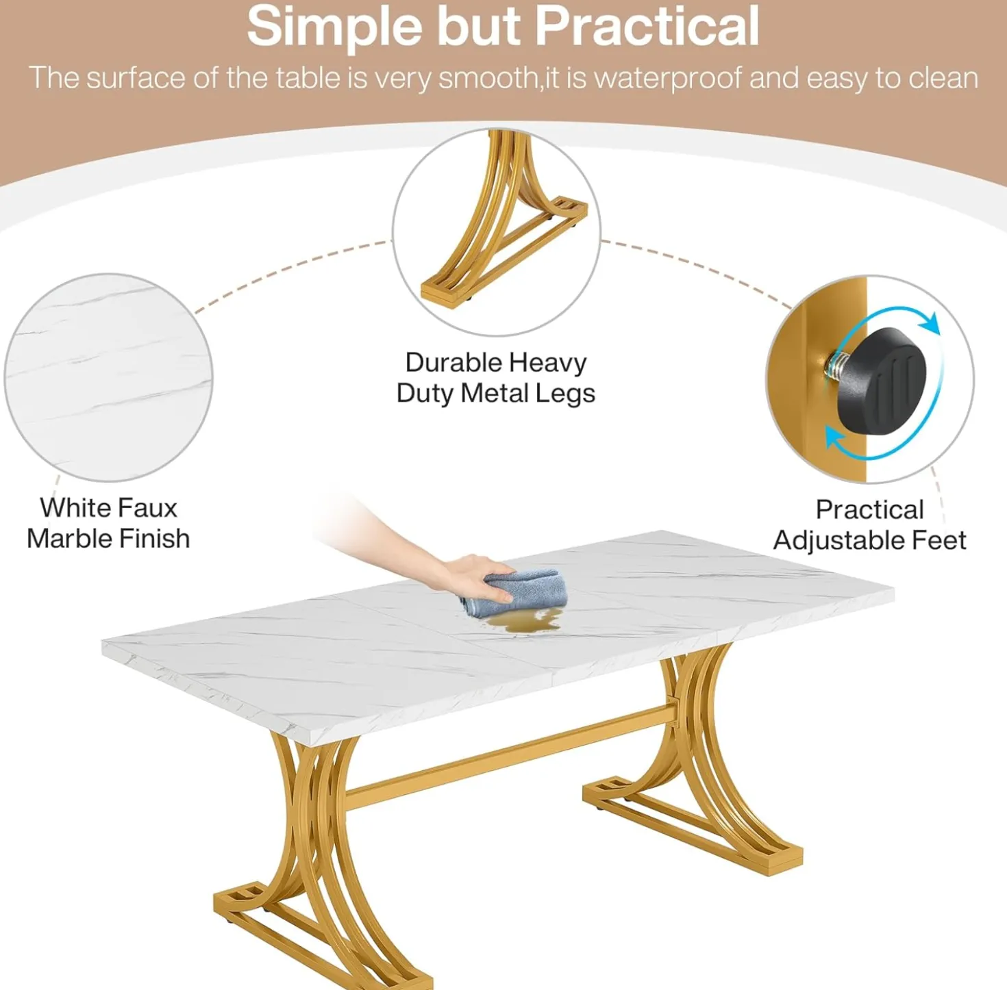 63" Computer Desk with Faux Marble Surface and Gold Metal Base, Modern Executive Desk