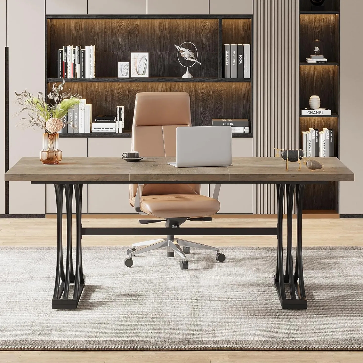 63" Computer Desk with Faux Marble Surface and Gold Metal Base, Modern Executive Desk