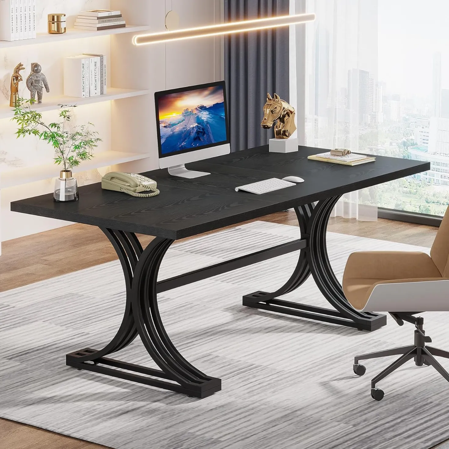 63" Computer Desk with Faux Marble Surface and Gold Metal Base, Modern Executive Desk