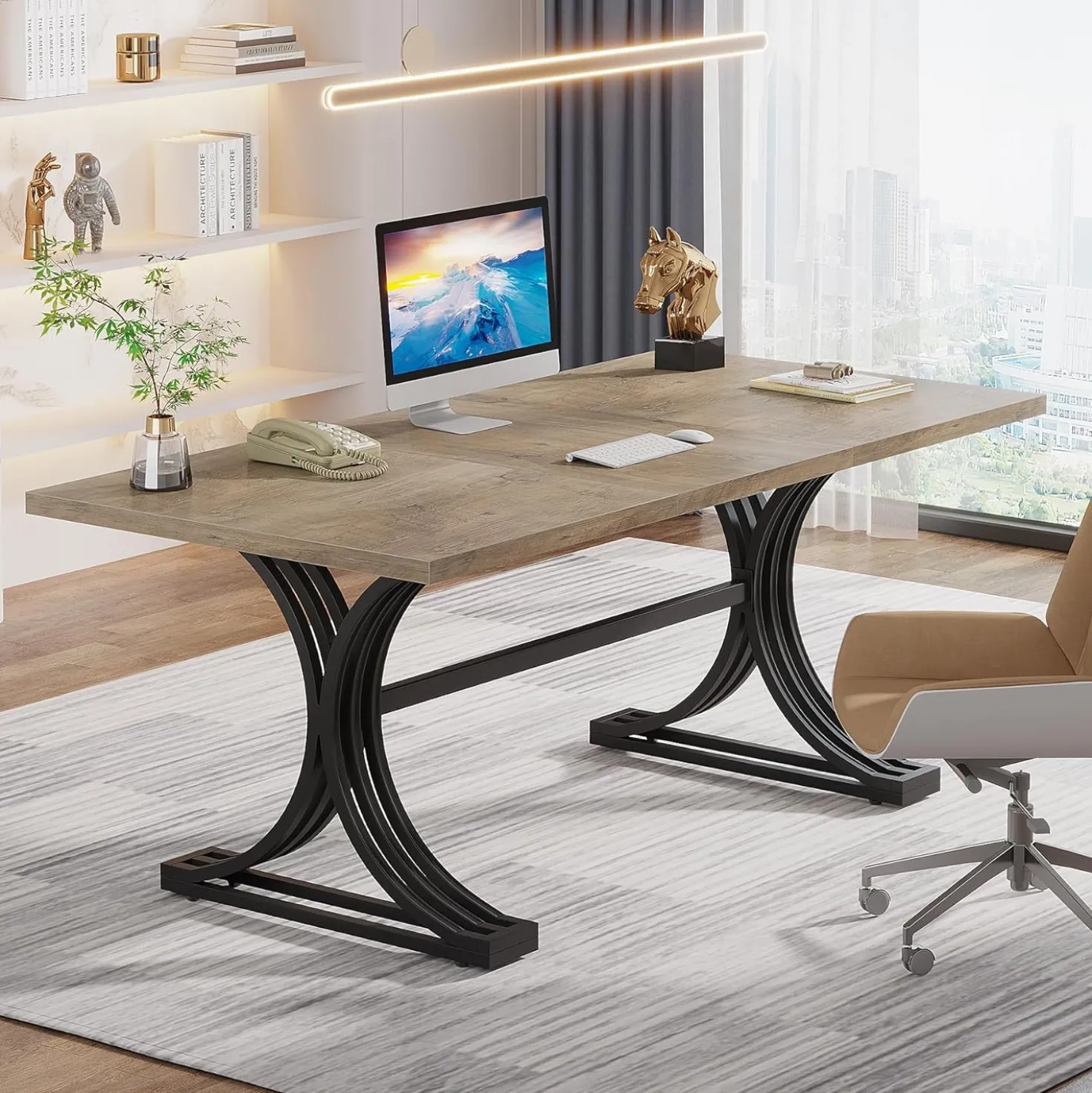 63" Computer Desk with Faux Marble Surface and Gold Metal Base, Modern Executive Desk