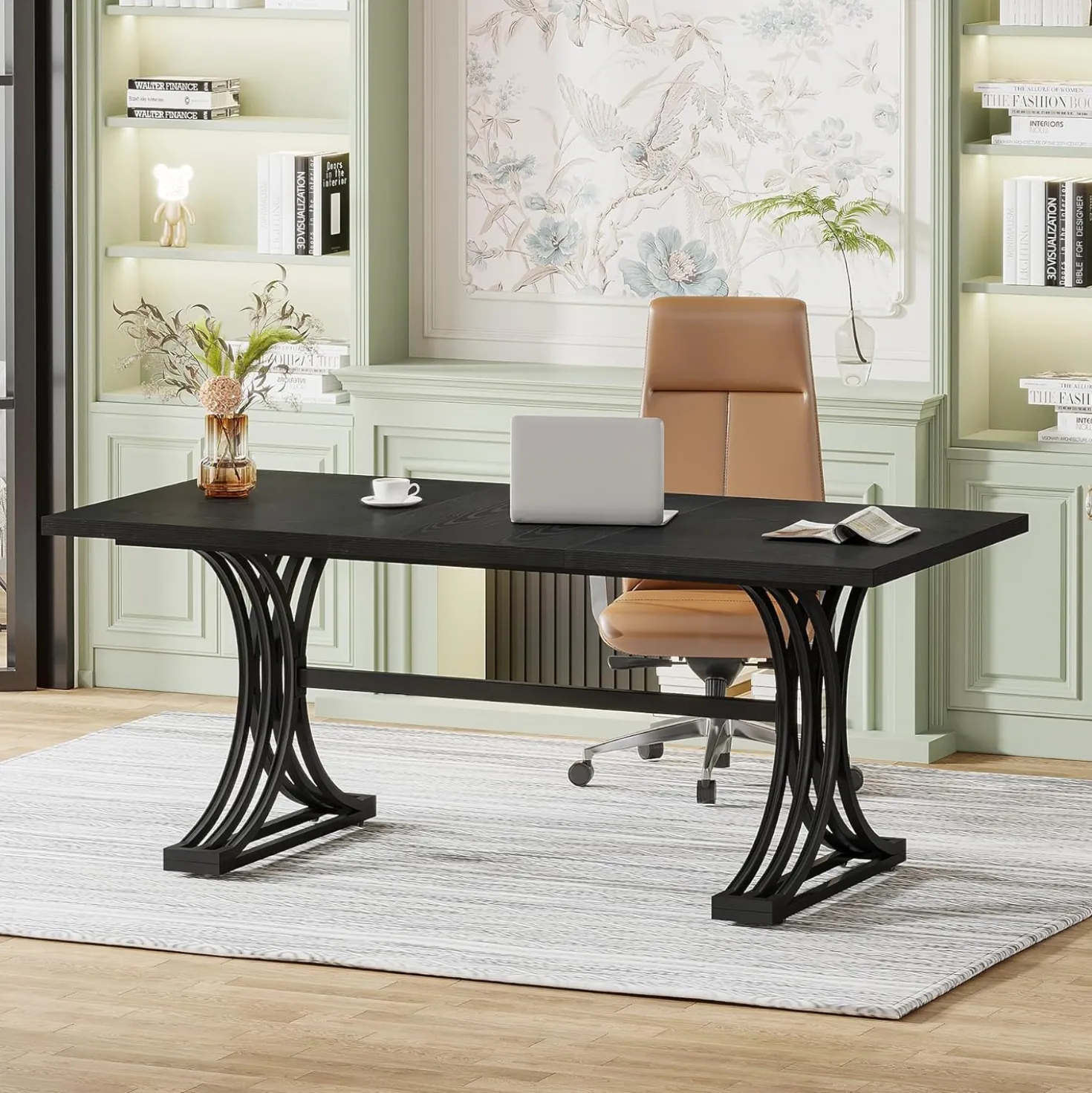 63" Computer Desk with Faux Marble Surface and Gold Metal Base, Modern Executive Desk