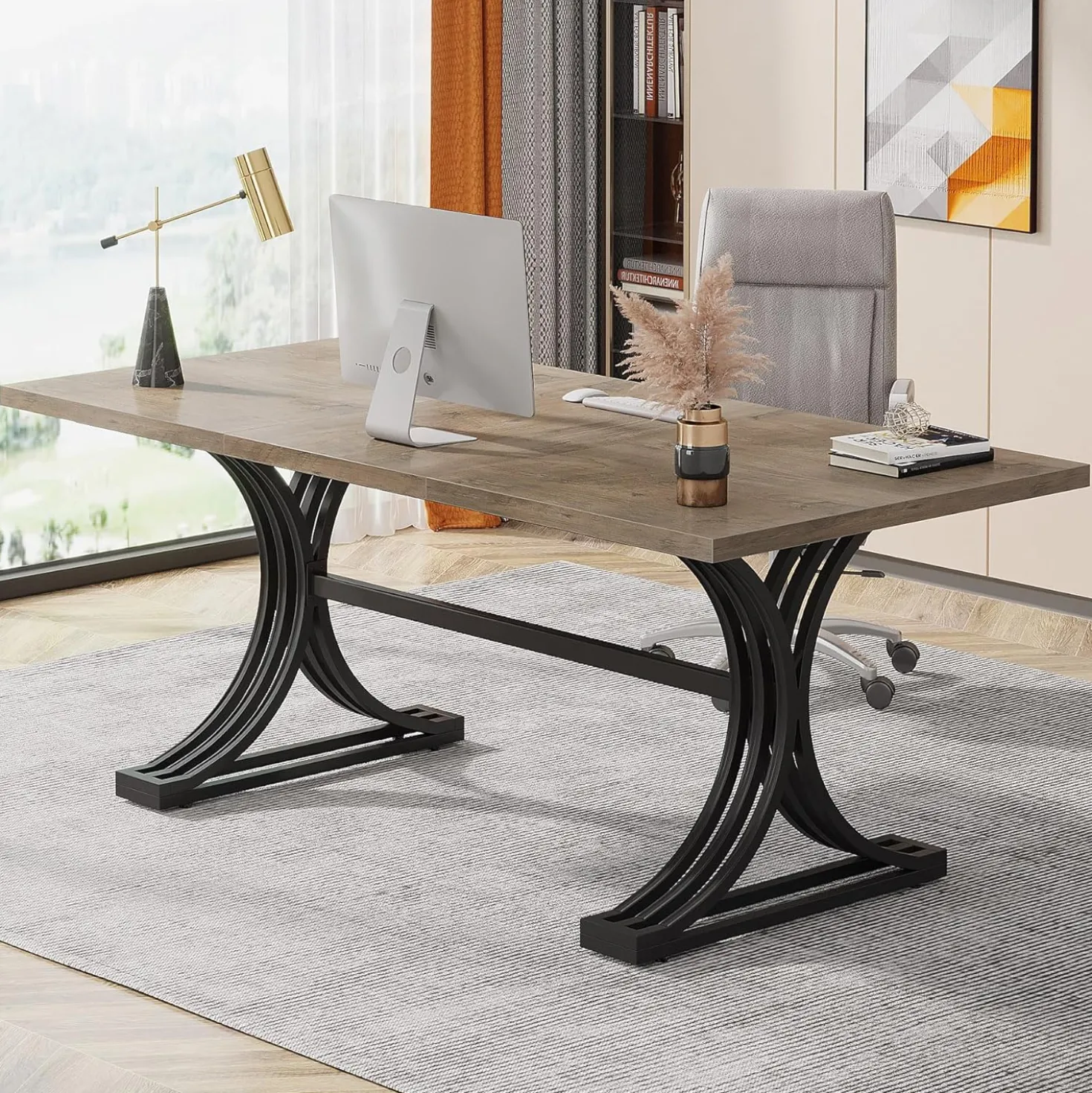 63" Computer Desk with Faux Marble Surface and Gold Metal Base, Modern Executive Desk