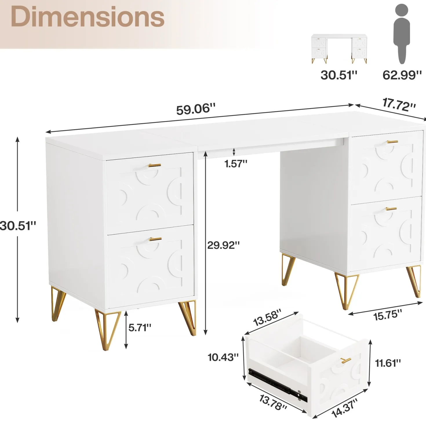 59" Computer Desk with File Drawers, Wood Executive Desk for Home Office