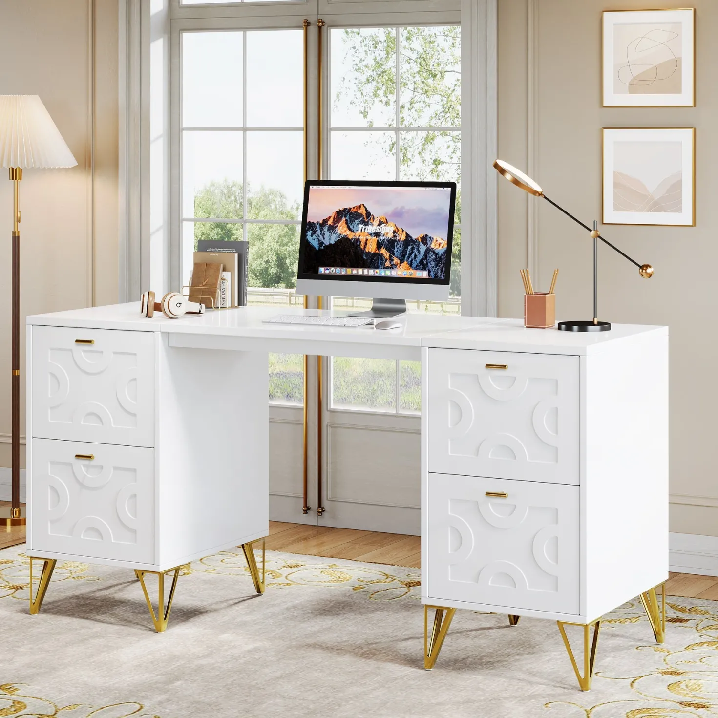 59" Computer Desk with File Drawers, Wood Executive Desk for Home Office