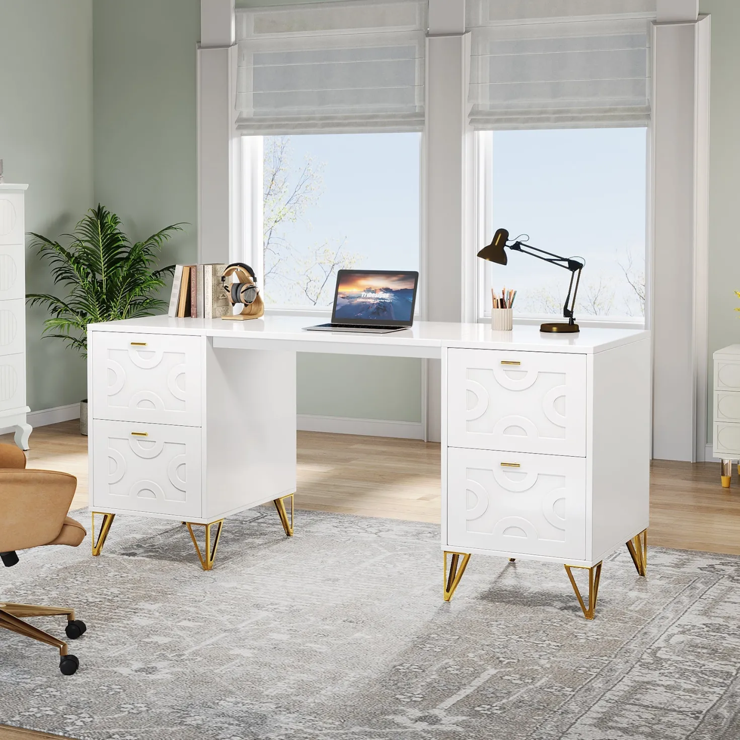 59" Computer Desk with File Drawers, Wood Executive Desk for Home Office